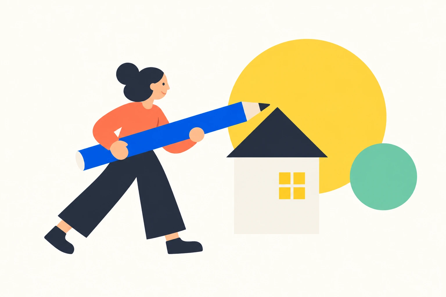 A writer with a large pencil imagines a little house.